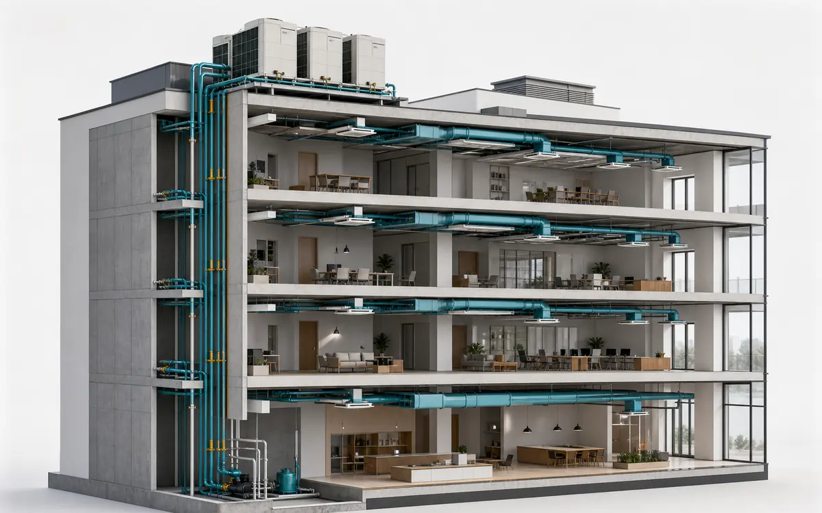 Modelo BIM de climatização coordenado ao edifício em múltiplos pavimentos