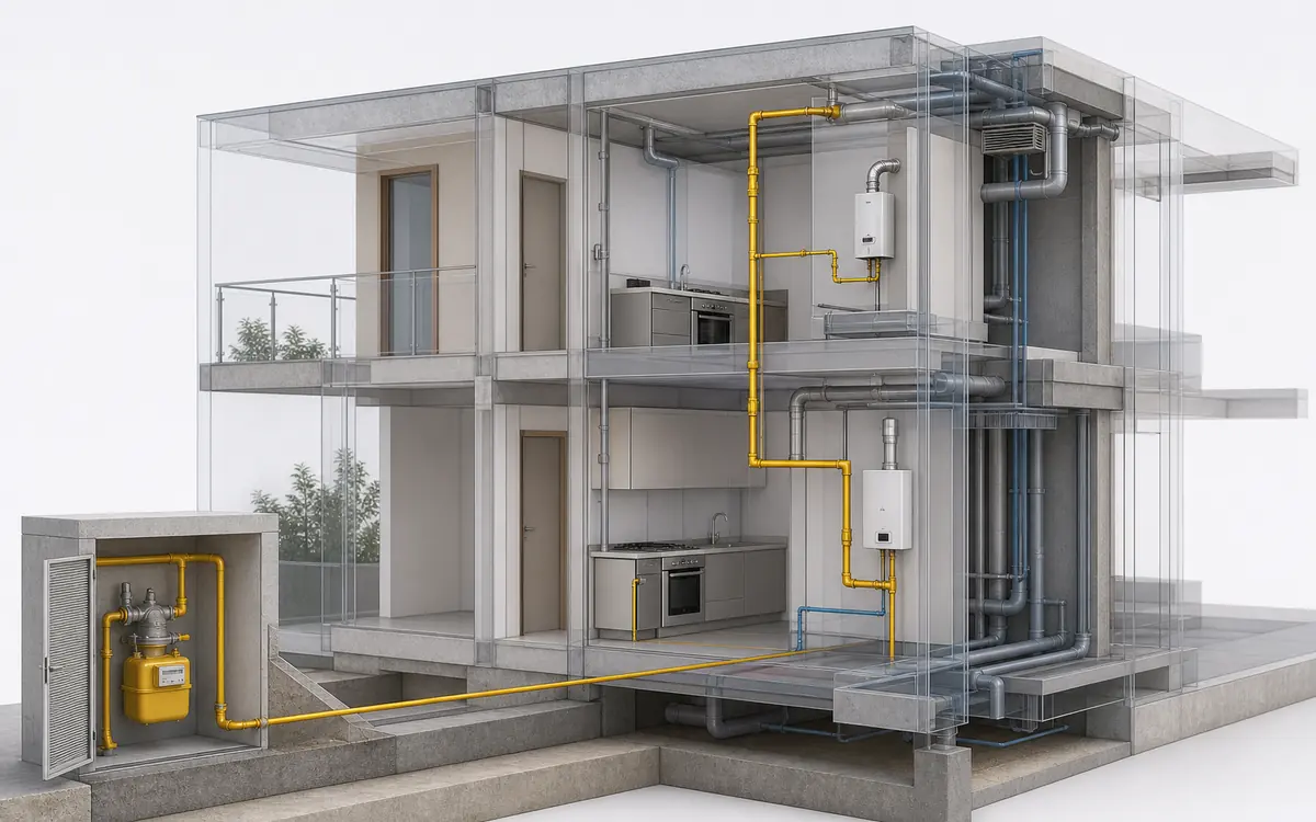 Modelo BIM coordenado de rede de gás com abrigo, prumada e pontos de consumo