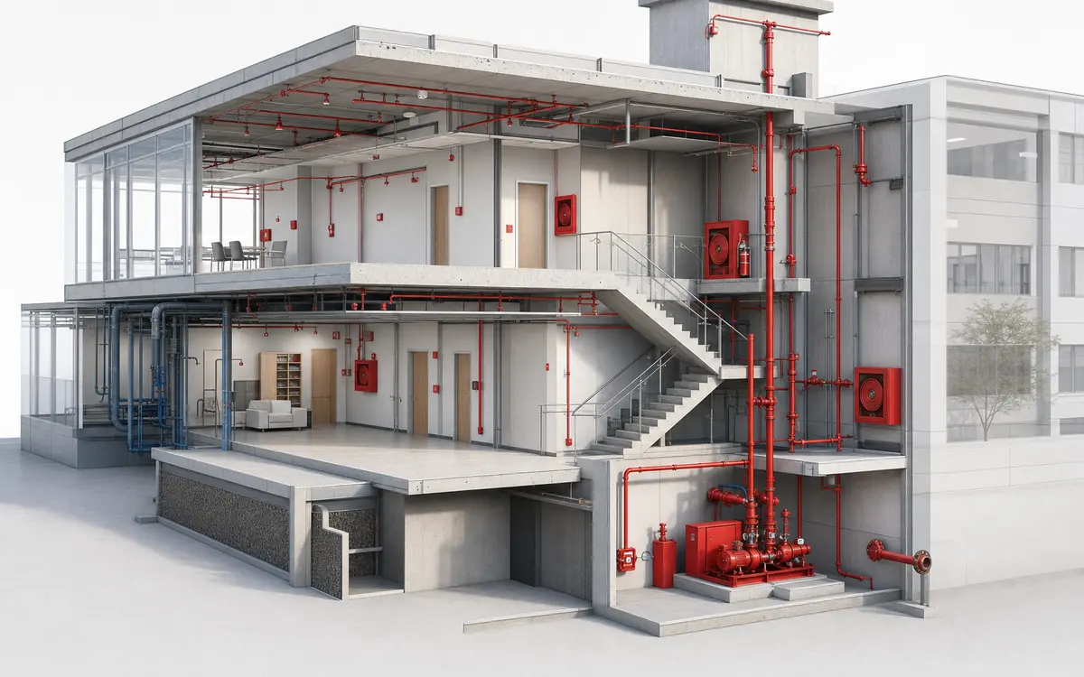 Modelo BIM coordenado de incêndio com risers, sprinklers, hidrantes e bombeamento