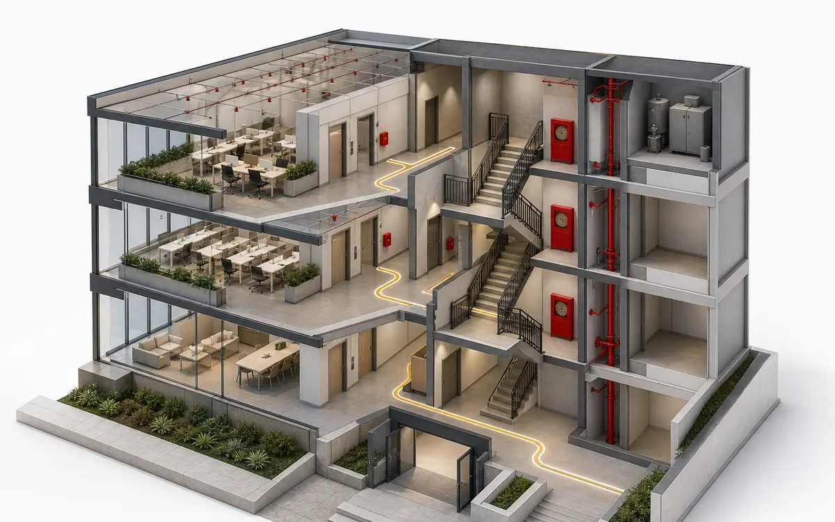Rotas e espaços técnicos. Circulação protegida, prumadas, abrigos e reservas coordenados com a arquitetura.