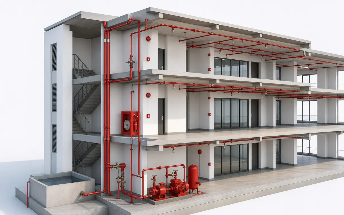 Sistemas de proteção. Risers, sprinklers, hidrantes e bombeamento organizados no modelo.